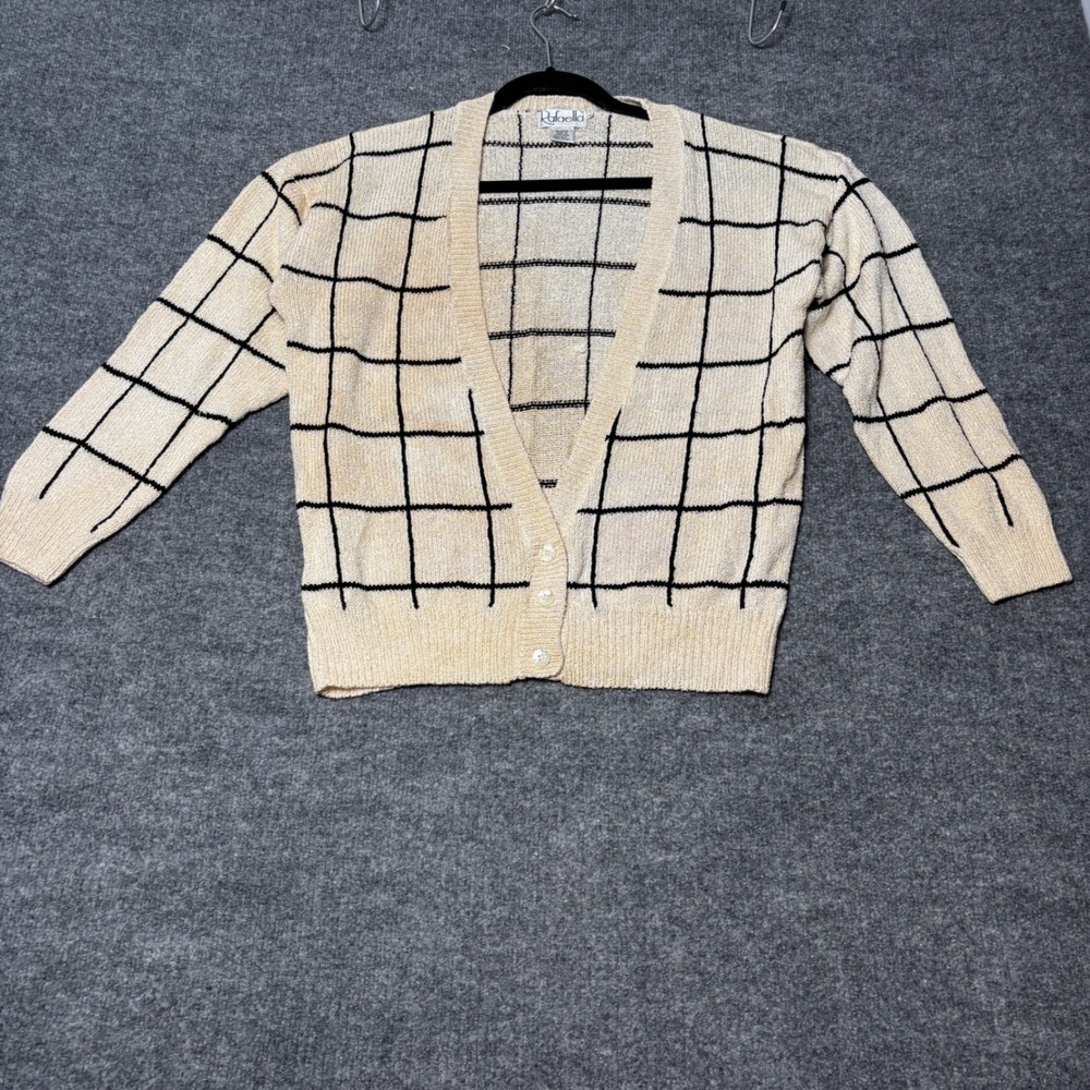 Vintage Rafaella Sweater Cardigan Womens Large White Silk Blend Windowpane